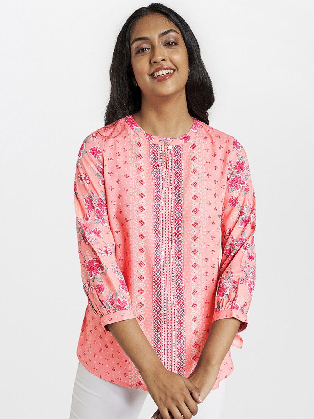 global desi pink & white printed mandarin collar puff sleeves pure cotton regular top