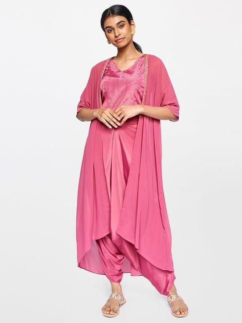 global desi pink embellished top & dhoti pant set with shrug
