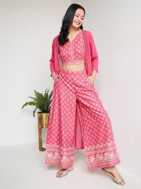 global desi pink floral print crop top & palazzos with cape