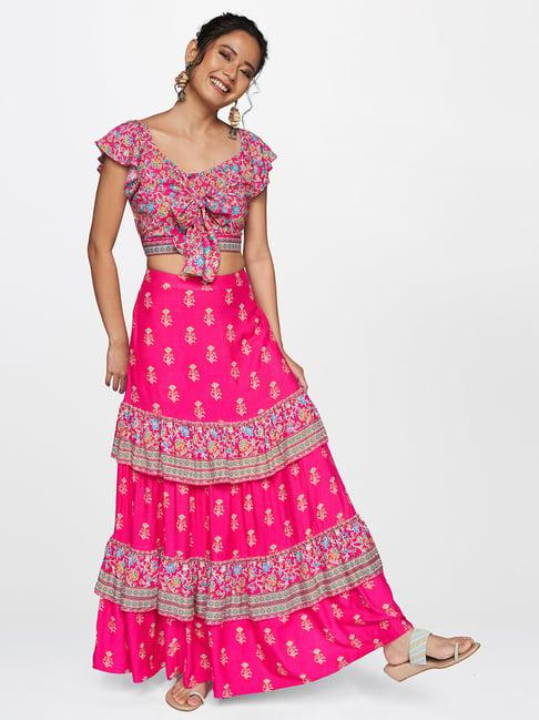 global desi pink floral print crop top with skirt