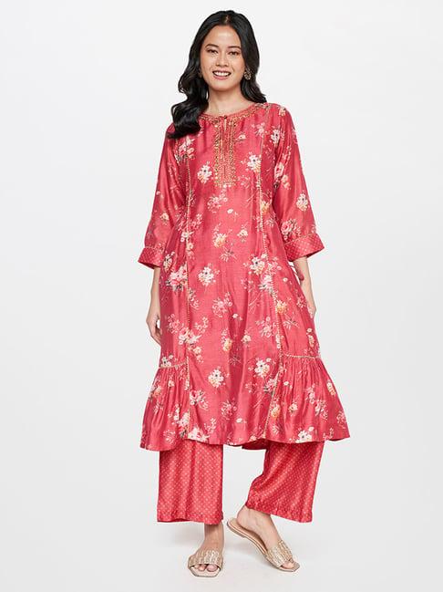 global desi pink floral print kurta with palazzos