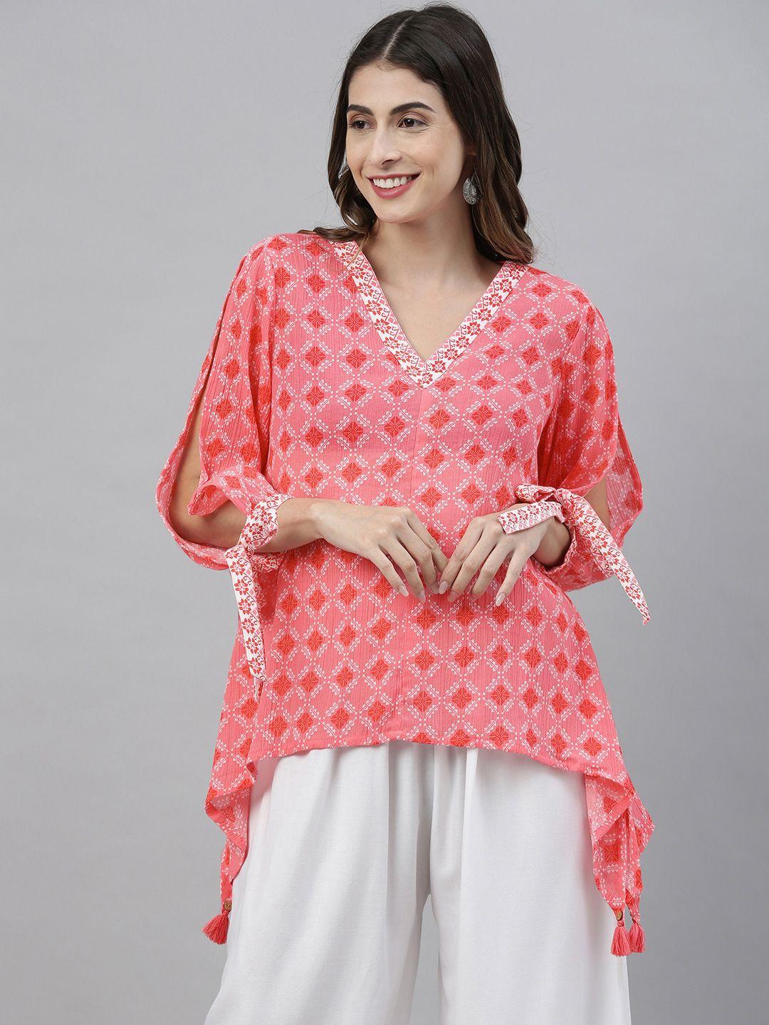 global desi pink geometric printed slit sleeves a-line top