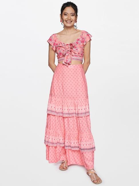 global desi pink printed crop top with skirt