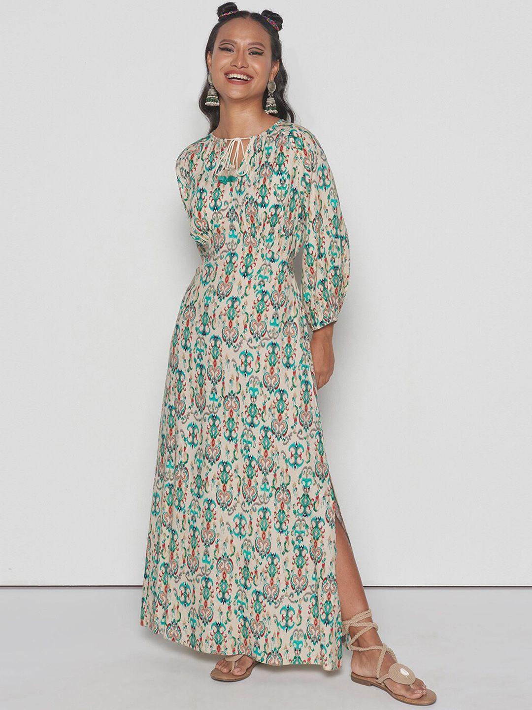 global desi printed tie-up neck cuffed sleeves fit & flare ethnic dress