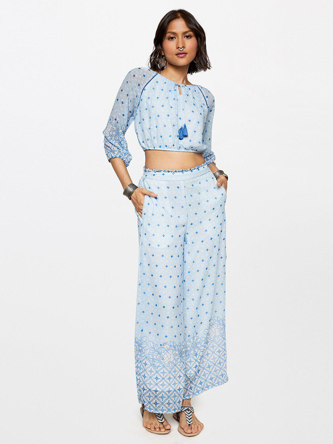 global desi printed tie-up neck puff sleeves top with trousers