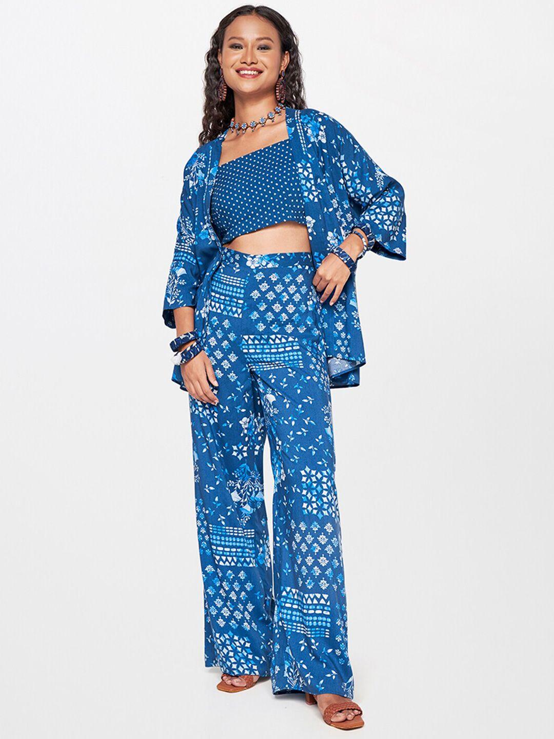 global desi printed top with trouser & shrug