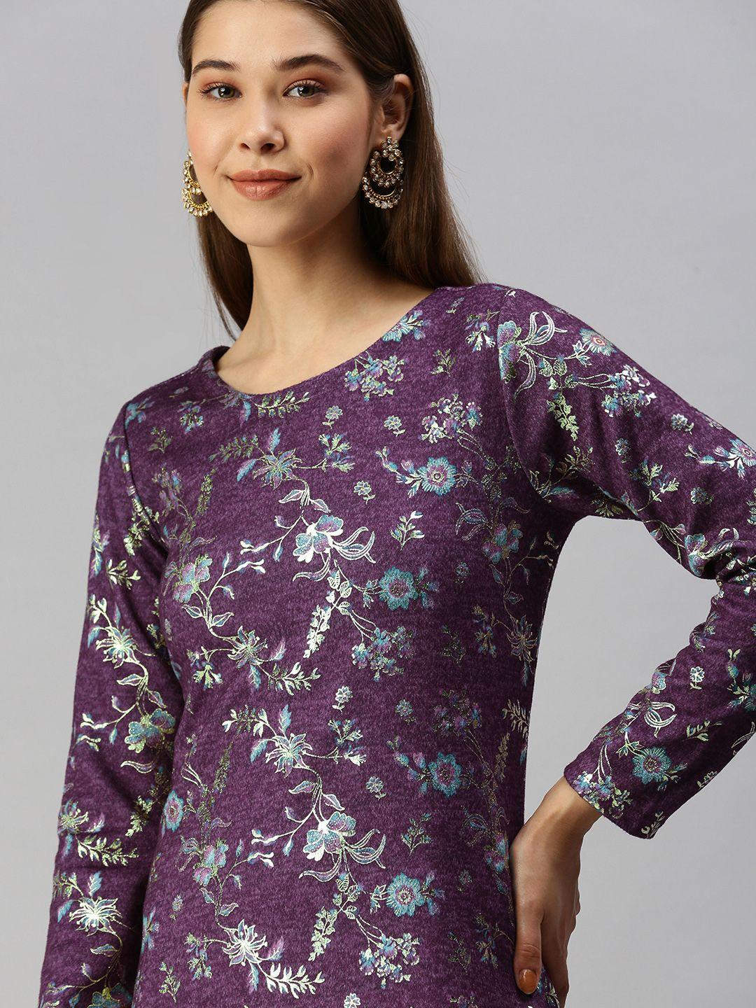 global desi purple & gold-toned floral foil print round neck fit & flare dress