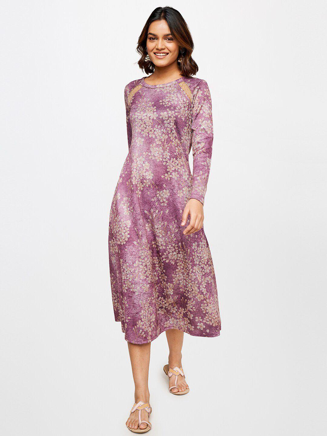 global desi purple floral a-line midi dress