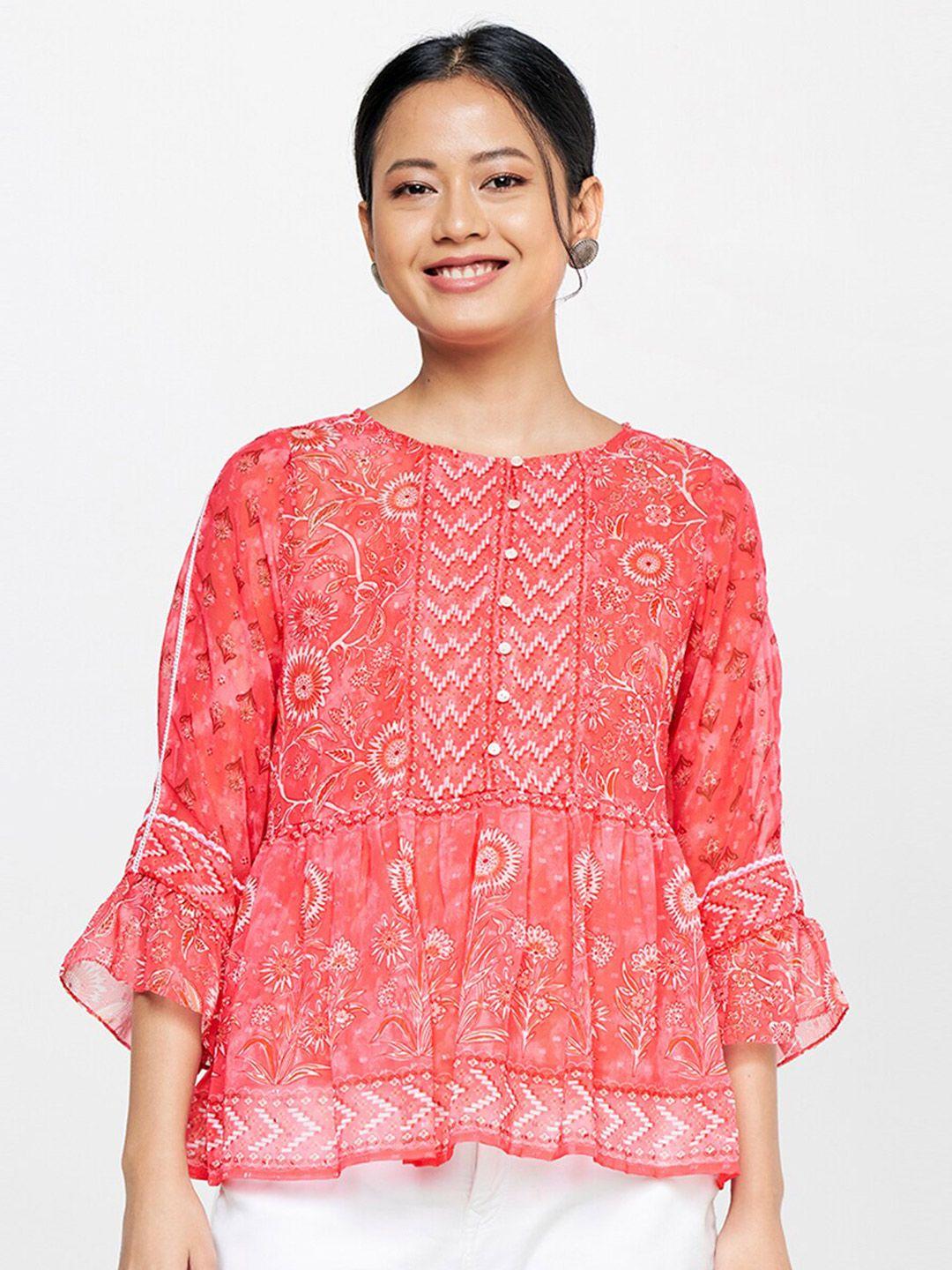 global desi red & pink floral print cinched waist top