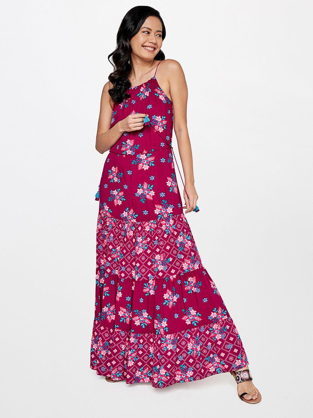 global desi red floral printed maxi dress