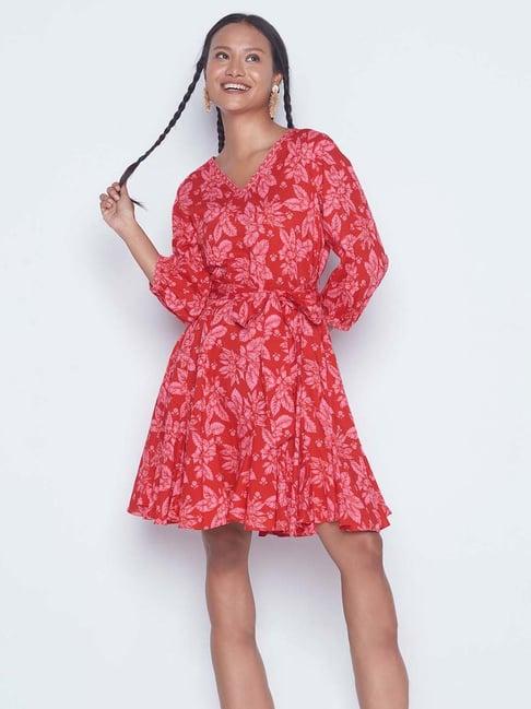 global desi red floral skater dress