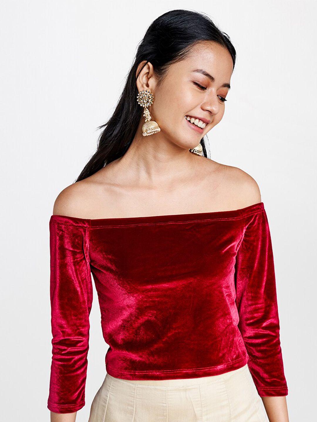 global desi red off-shoulder bardot top