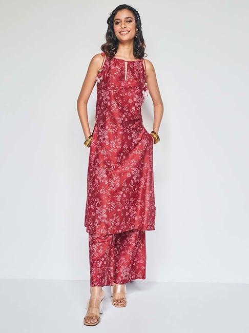 global desi red printed kurta & palazzo set