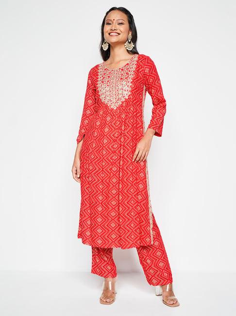 global desi red printed kurta pant set