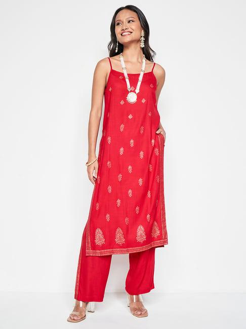 global desi red printed kurta pant set