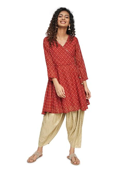 global desi red printed kurta with dhoti pants