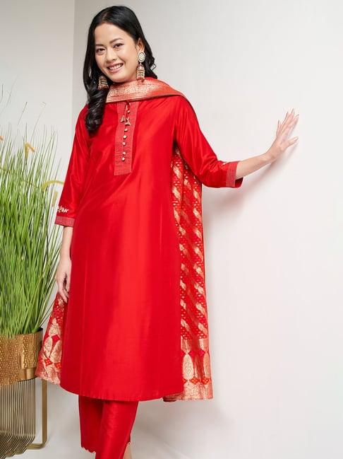 global desi red regular fit straight kurta with pants & dupatta