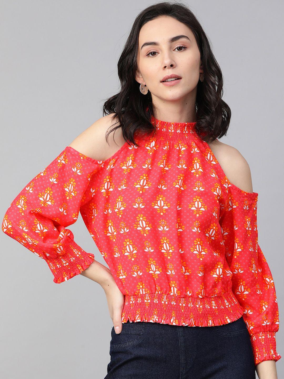 global desi red sustainable printed cold-shoulder sleeves blouson top