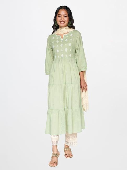 global desi sage green embroidered kurta bottom set with dupatta