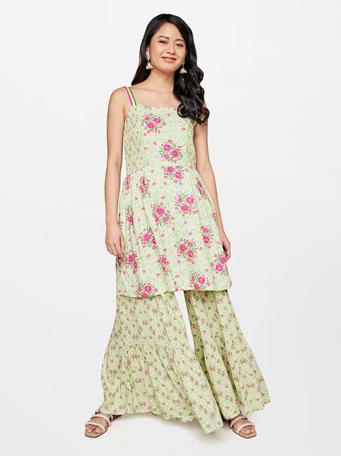 global desi sage green floral print tunic & sharara set