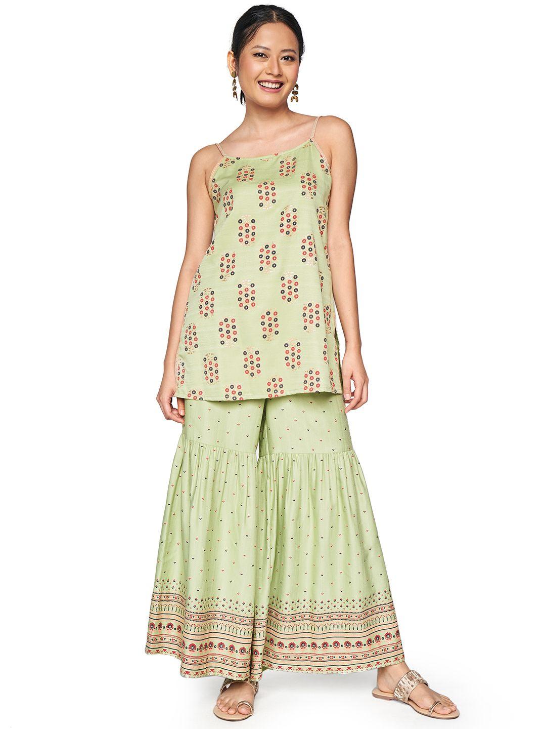 global desi sea green foil printed shoulder strap kurti with sharara