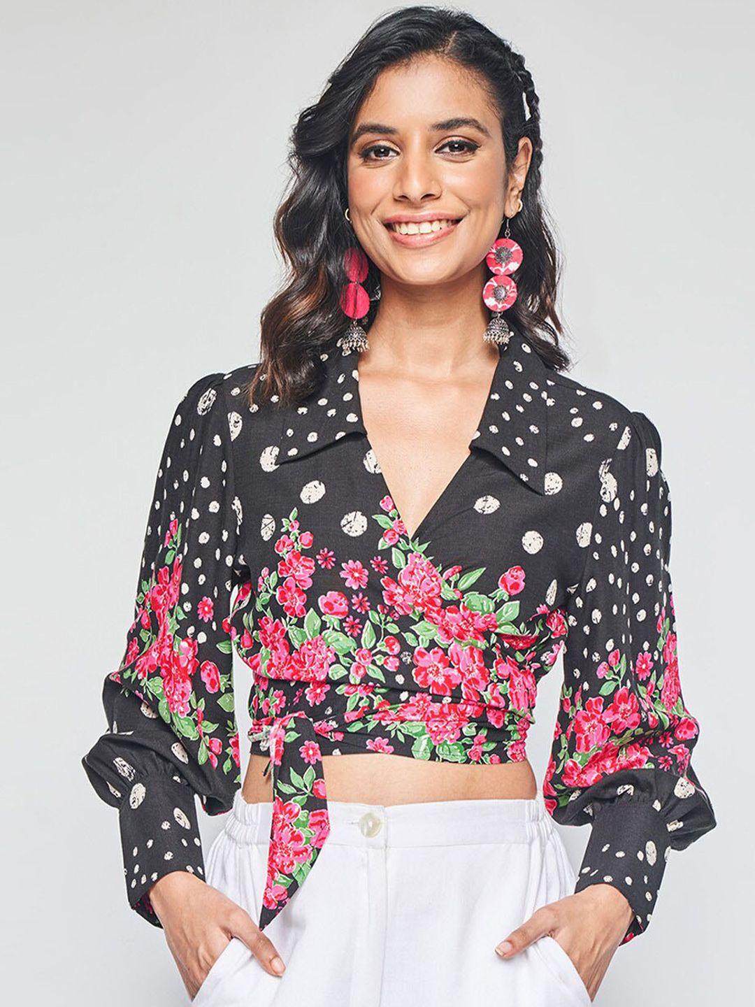 global desi shirt collar long cuffed sleeves floral print crop top