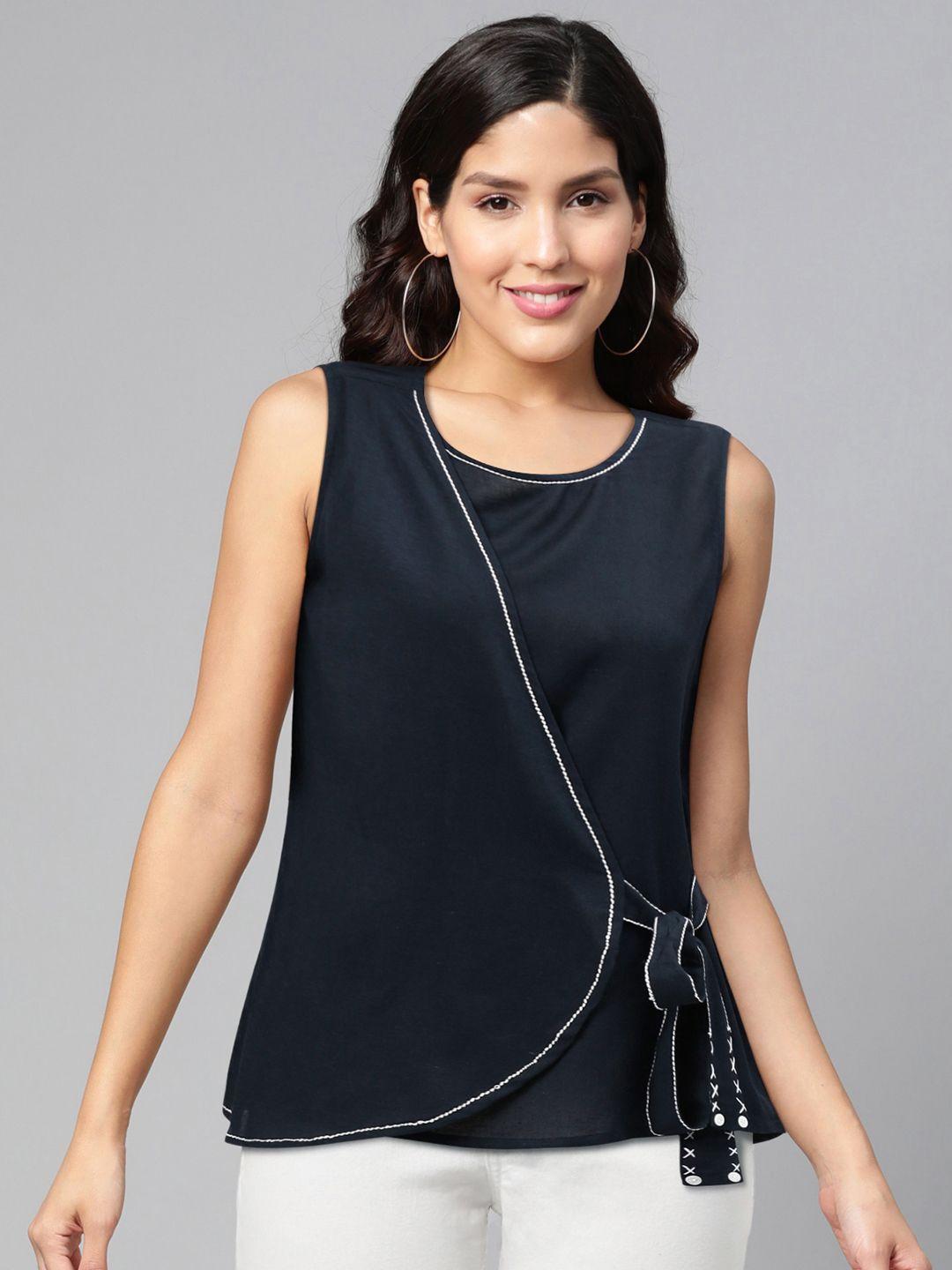 global desi sustainable navy blue layered solid wrap top