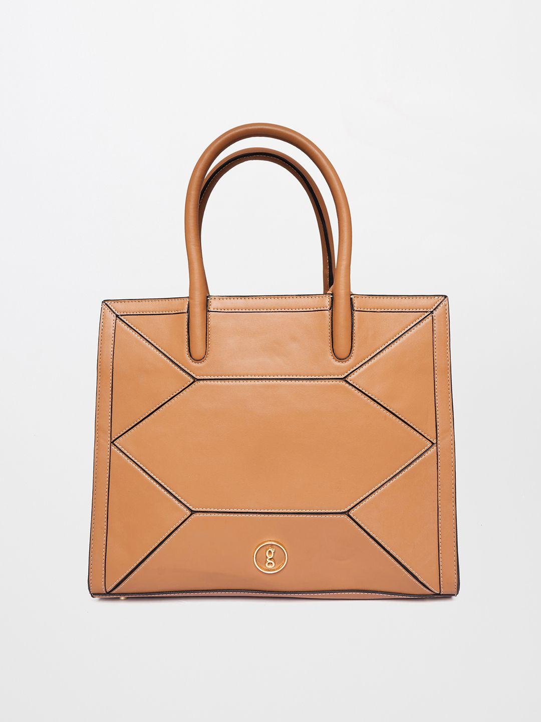 global desi tan brown geometric pu shopper handheld bag