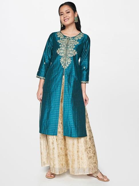 global desi teal blue floral print straight kurta