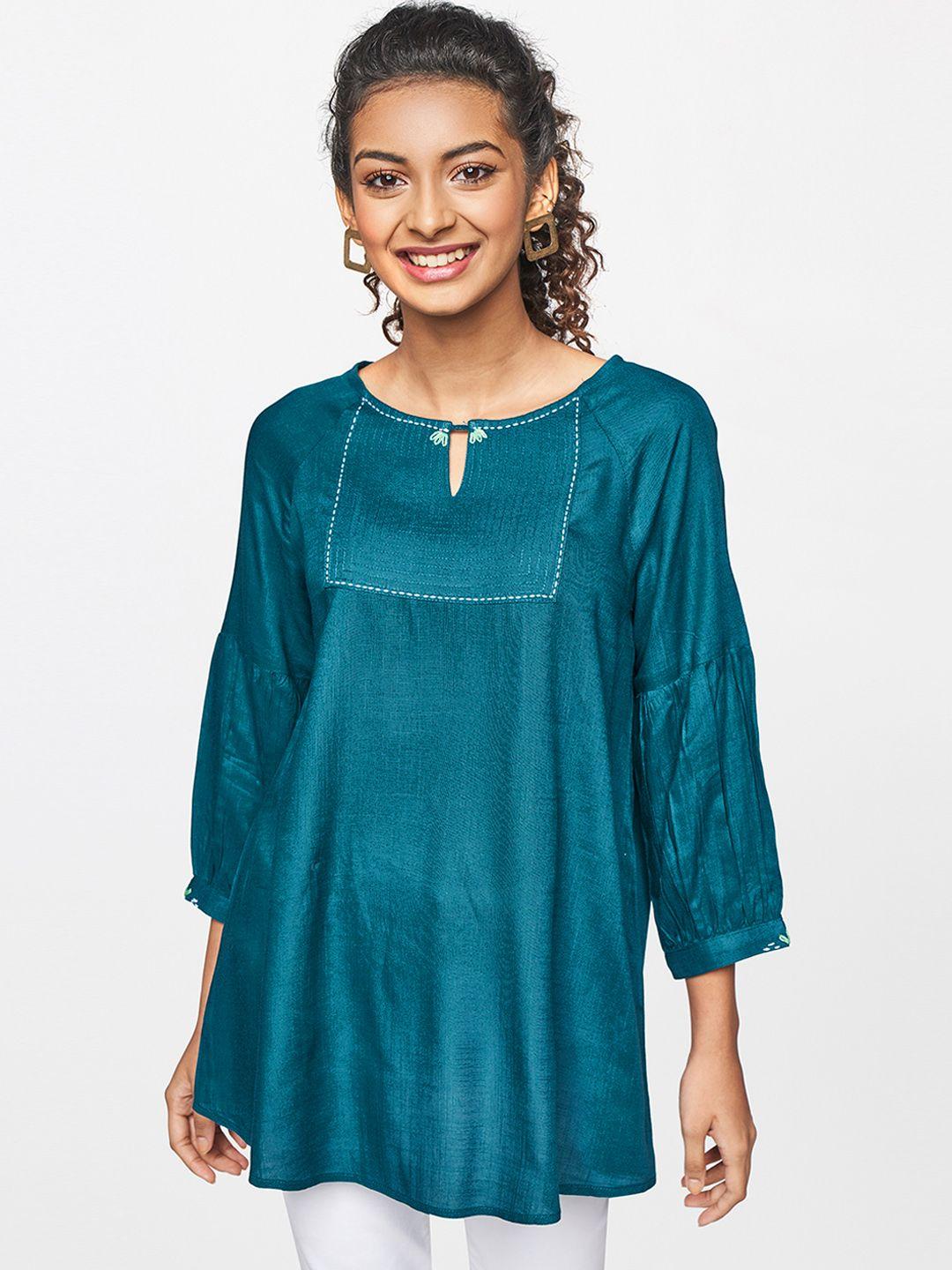 global desi teal blue keyhole neck a-line top