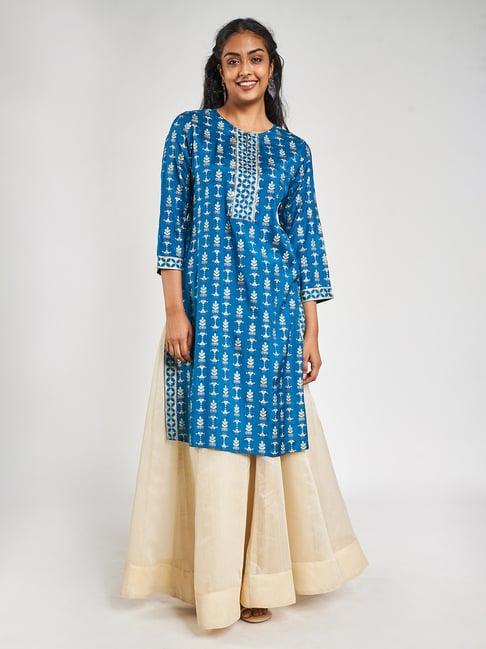 global desi teal floral print kurta