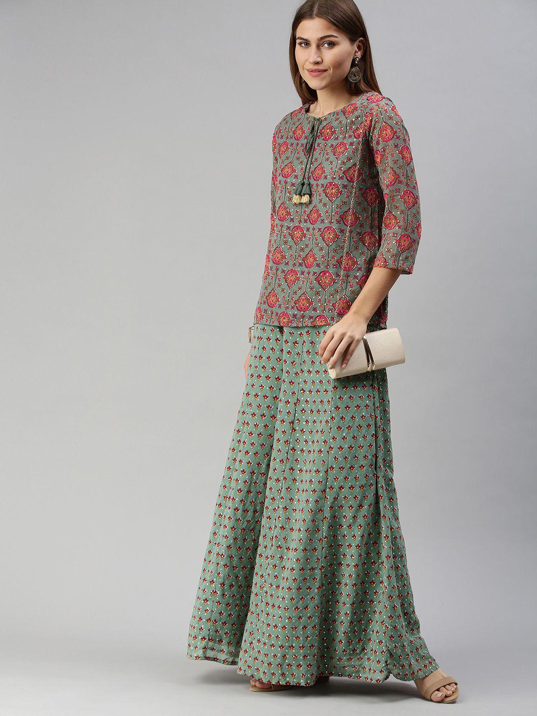 global desi teal green & red printed two-piece
