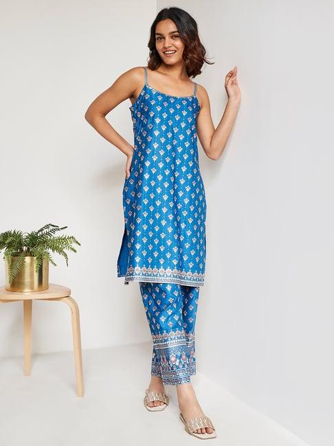 global desi teal printed kurta & palazzos set