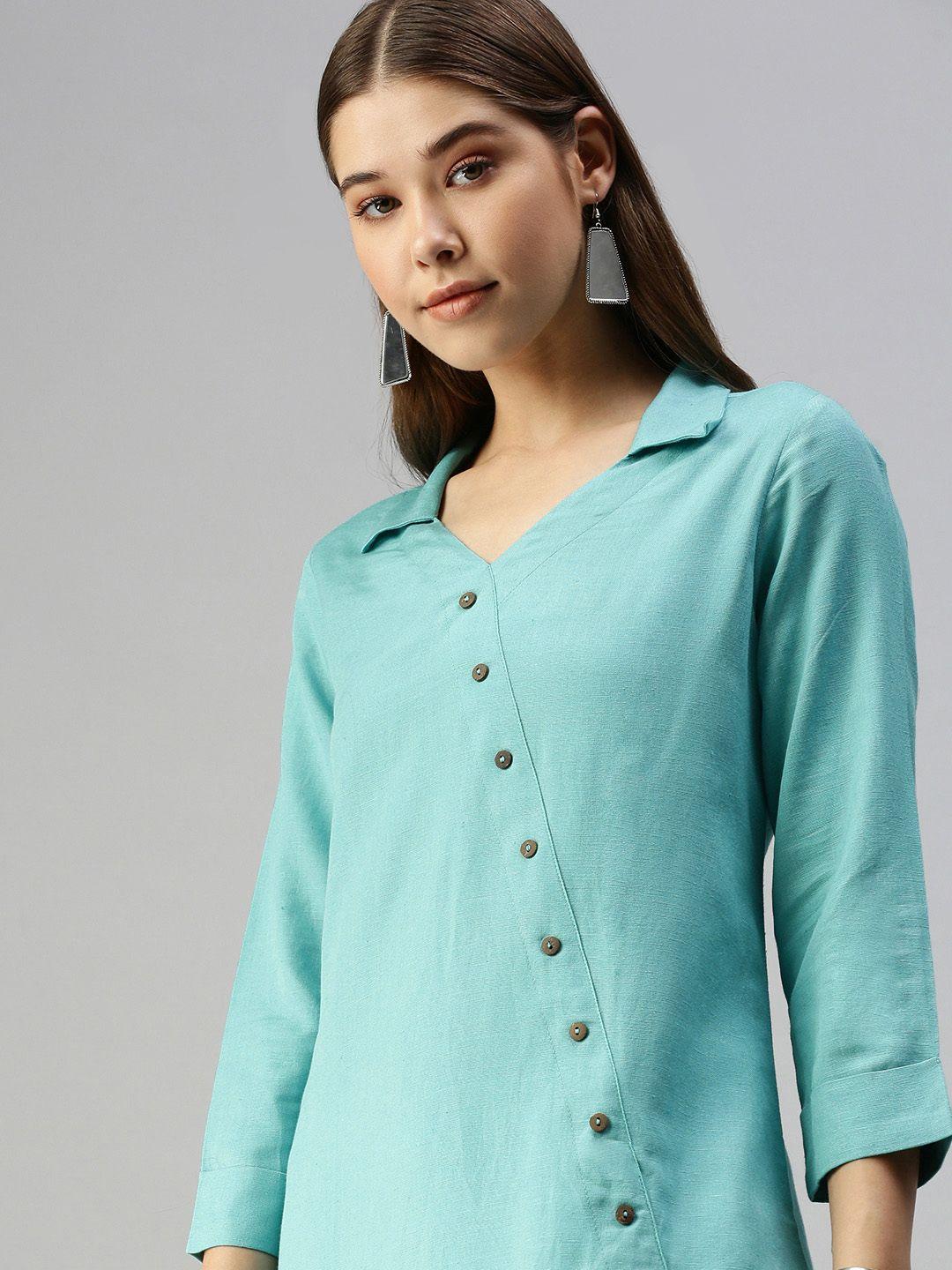global desi turquoise blue solid v-neck asymmetric tunic
