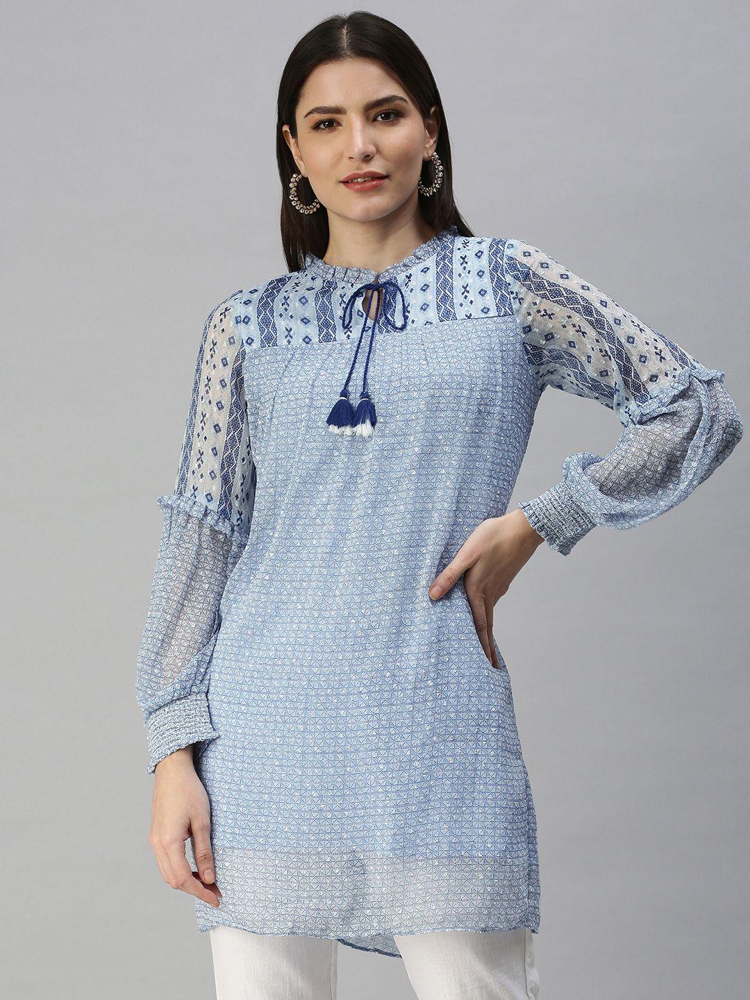 global desi white & blue tie-up neck printed tunic