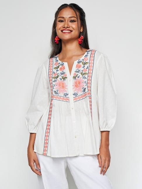 global desi white cotton embroidered top