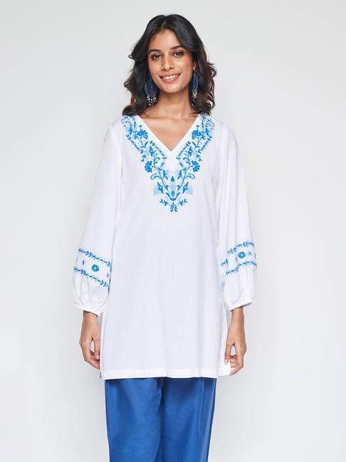 global desi white embroidered a line kurti