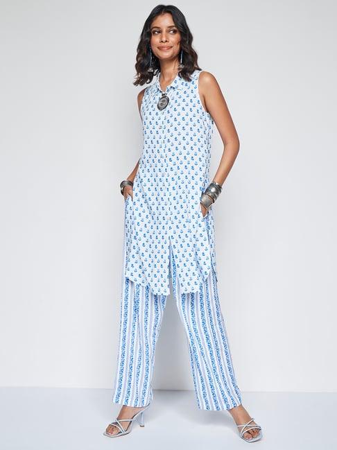 global desi white floral kurta pant set