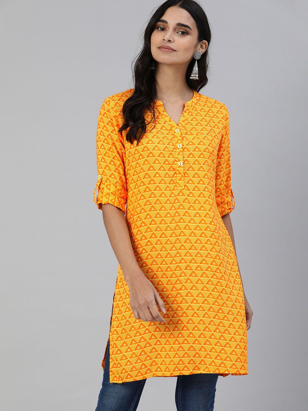 global desi women's orange & yellow printed tunic