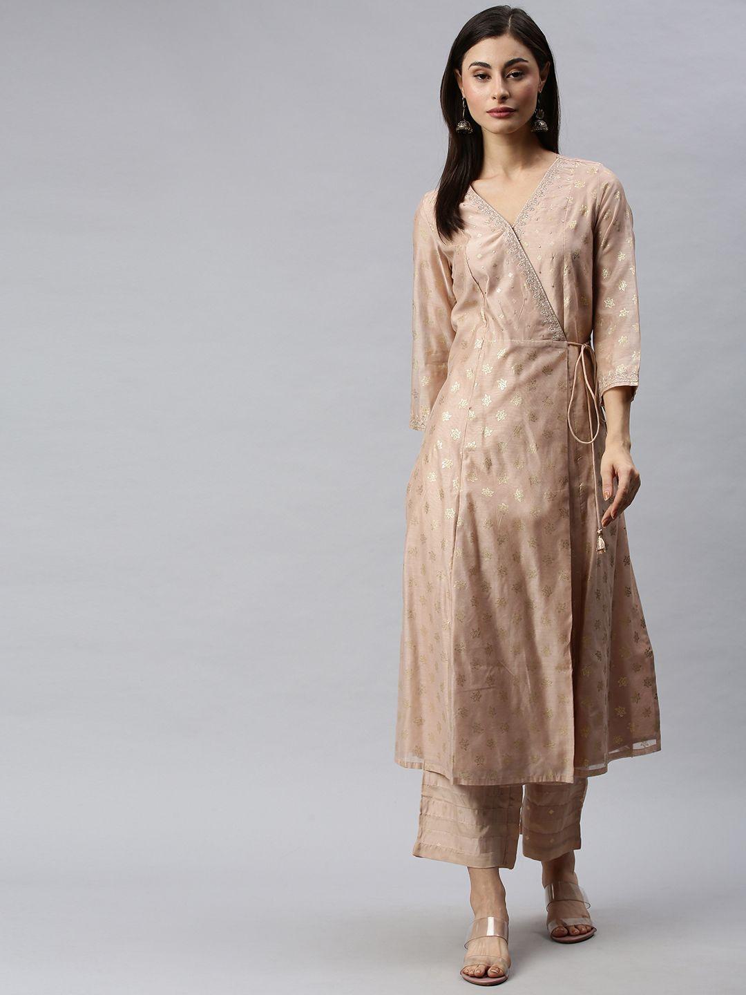 global desi women beige & gold-toned printed kurta with trousers