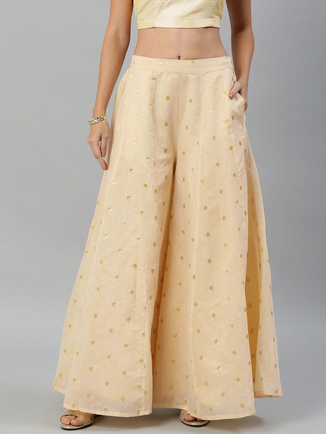 global desi women beige solid wide leg palazzos