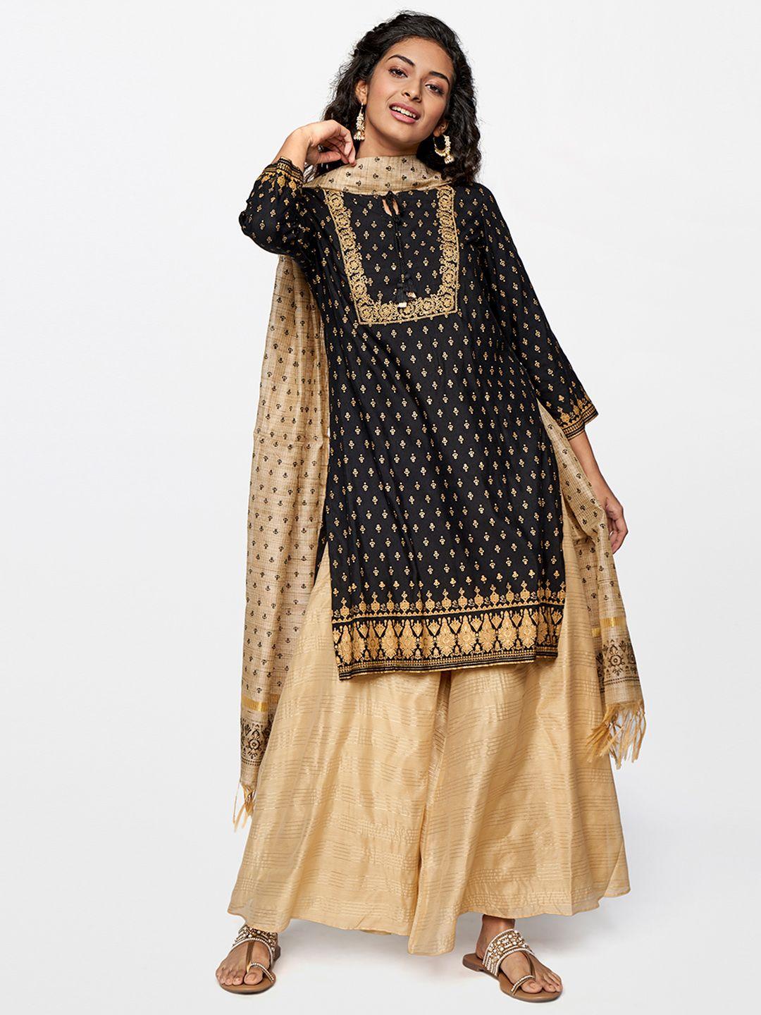 global desi women black & gold-toned printed kurta with palazzos & dupatta