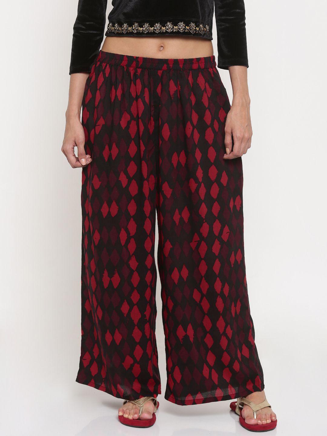 global desi women black & red loose fit printed parallel trousers