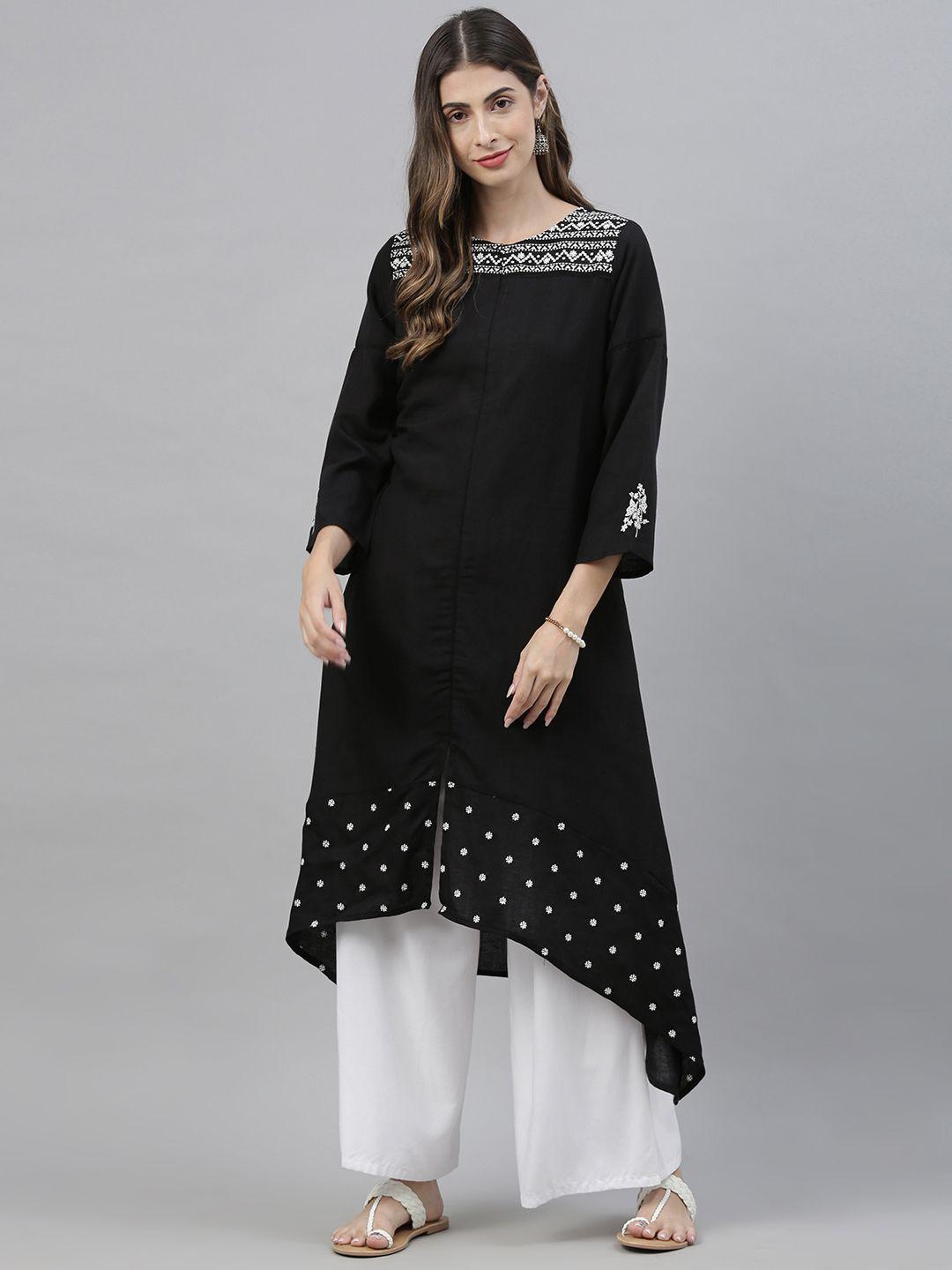global desi women black & white ethnic motifs embroidered high-low kurta