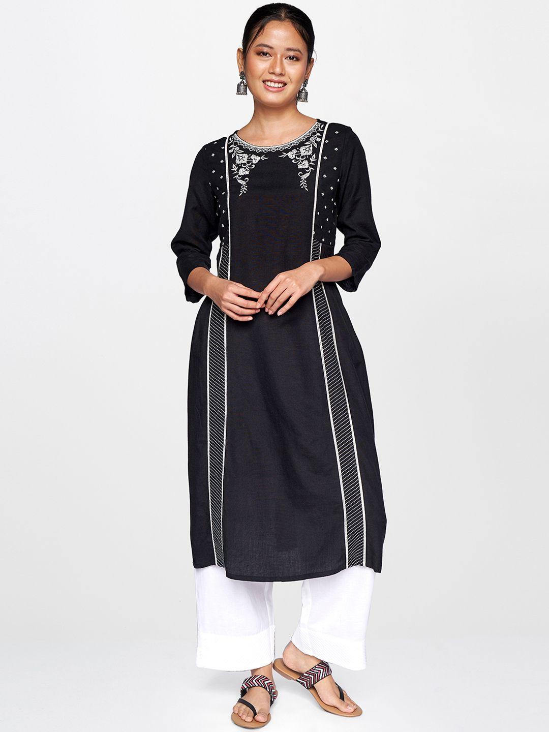 global desi women black & white ethnic motifs embroidered thread work kurta