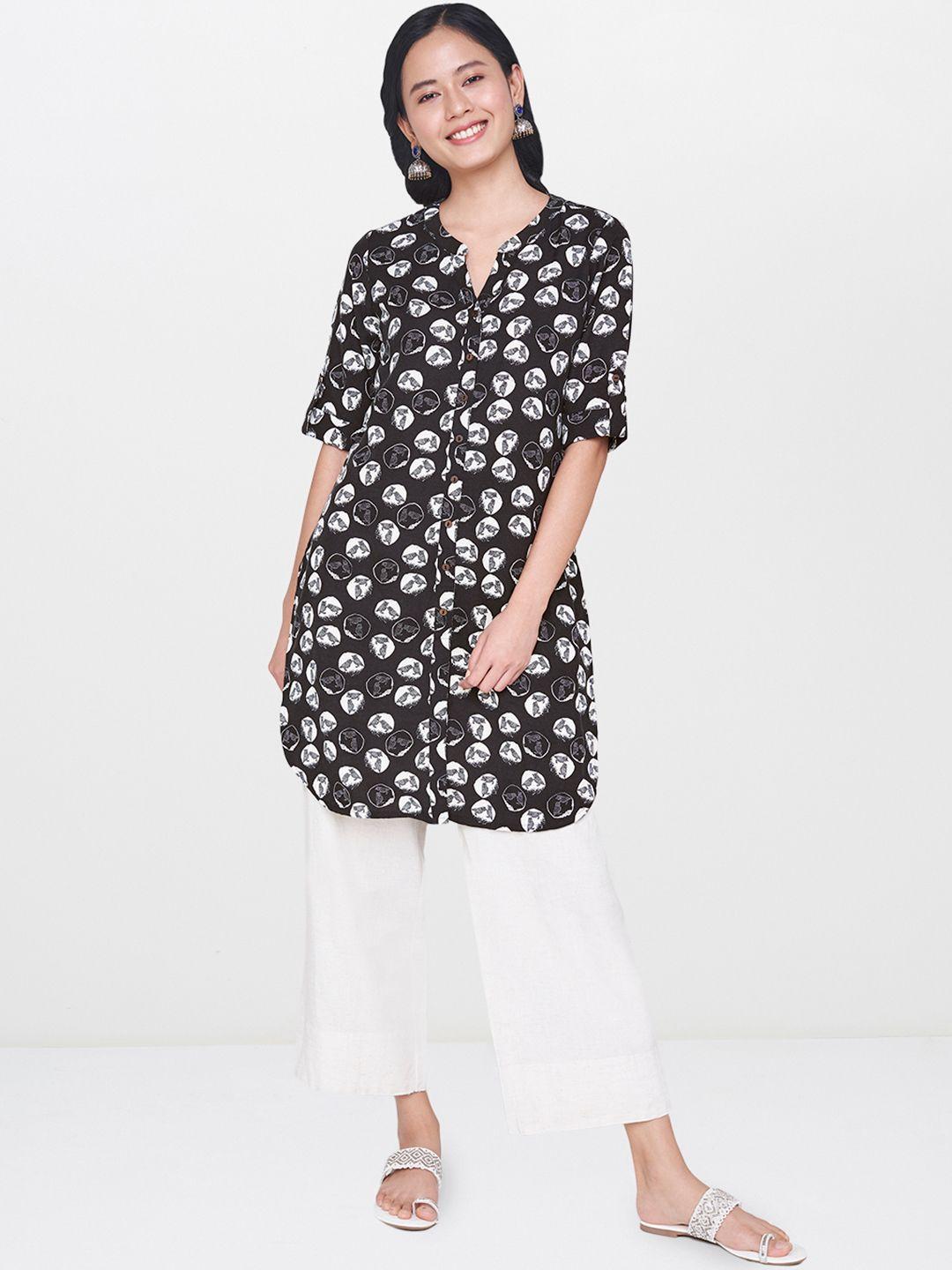 global desi women black & white quirky printed straight kurta