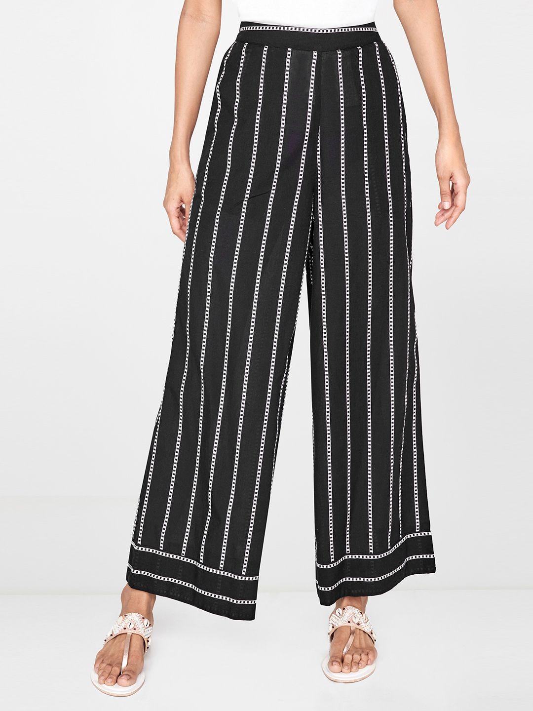 global desi women black & white striped straight palazzos