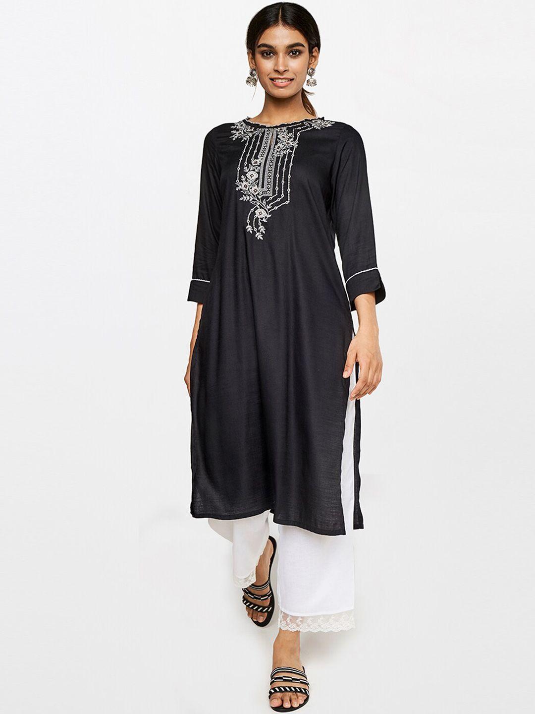 global desi women black embroidered keyhole neck thread work kurta