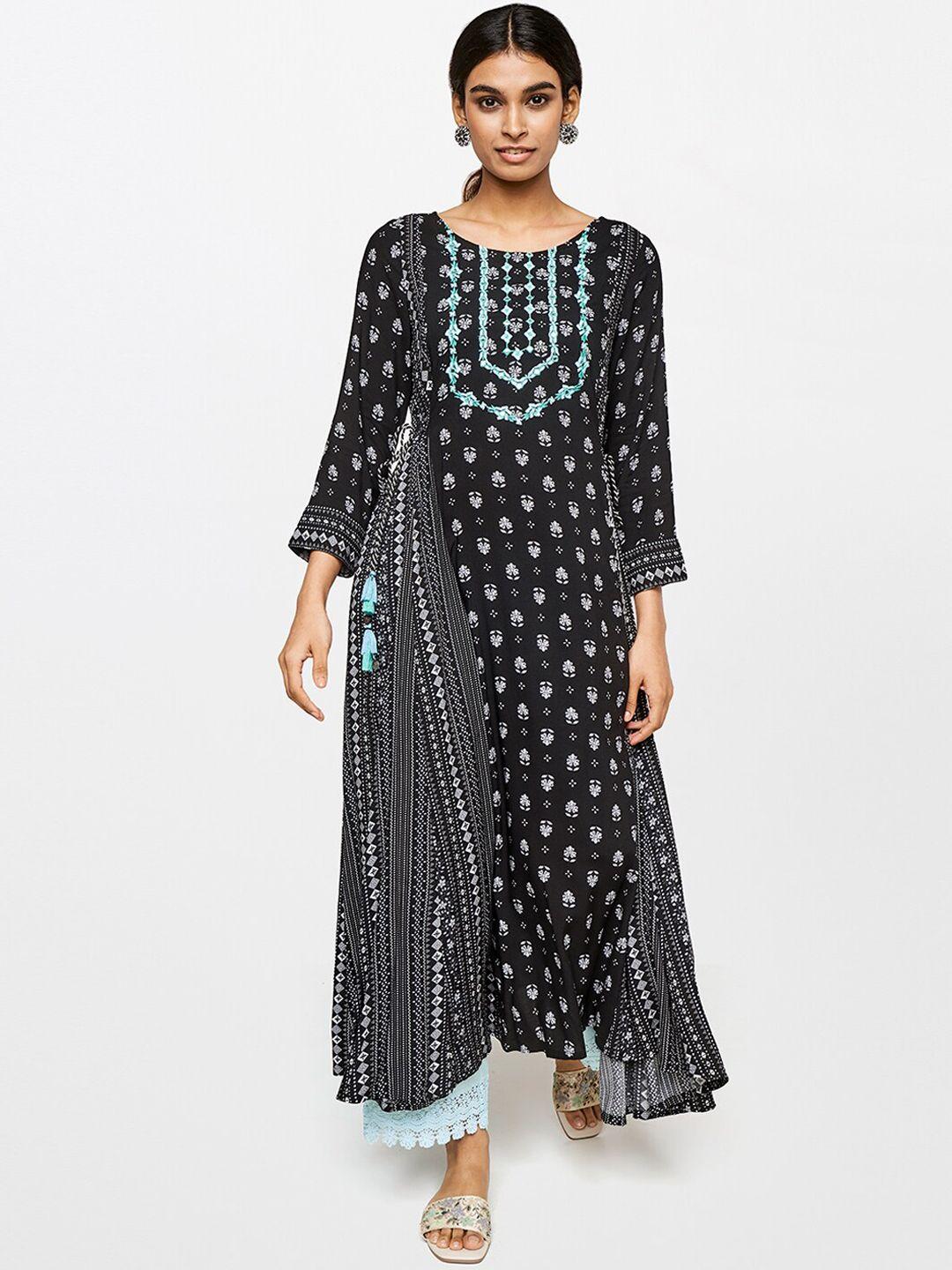 global desi women black floral printed anarkali kurta