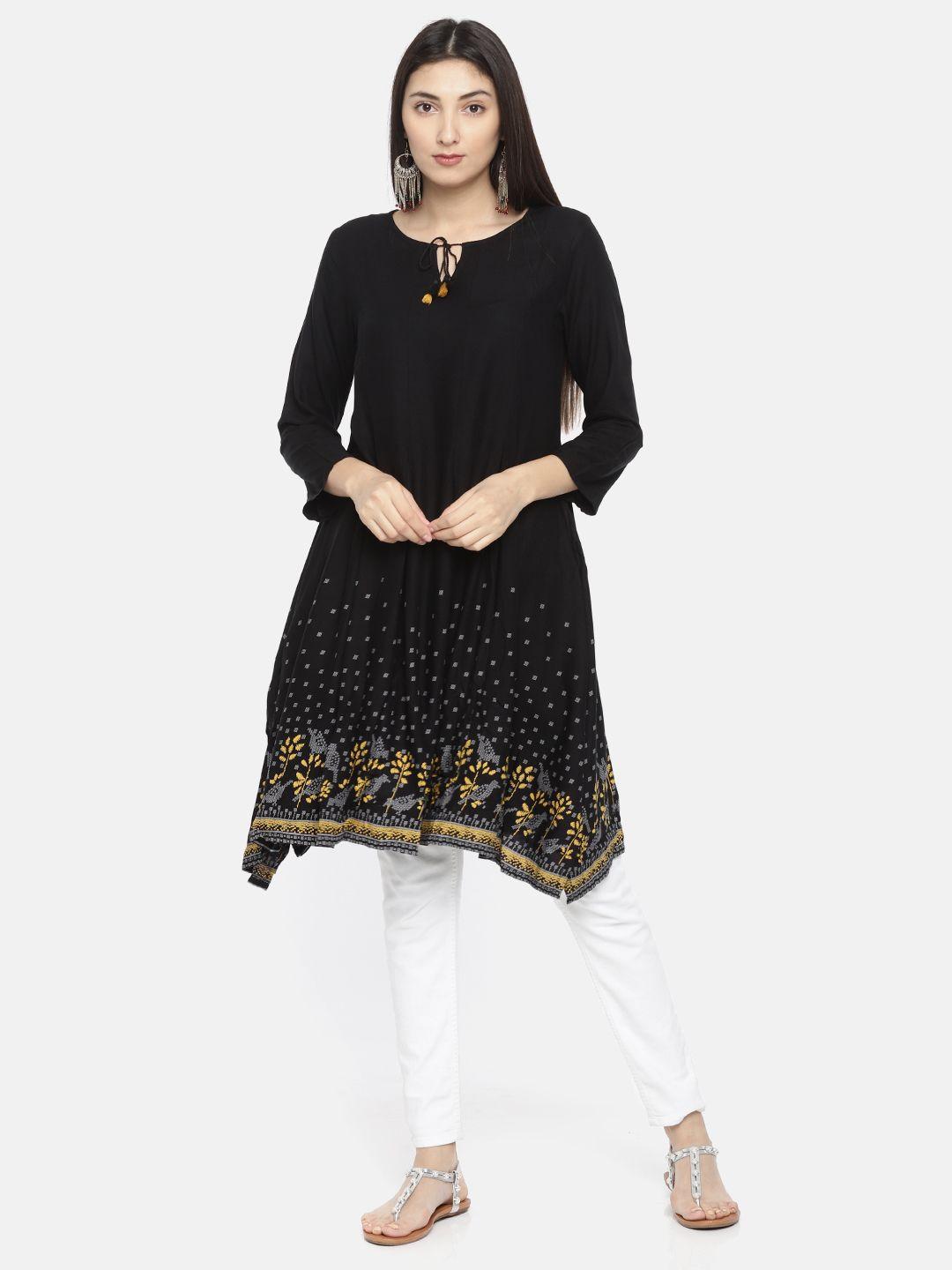 global desi women black printed a-line kurta